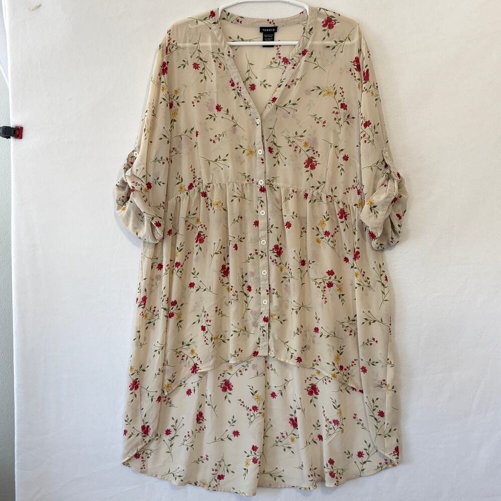 Torrid Lexie Babydoll Hi-Low Tunic Top Womens 3X Cream Semi-Sheer Chiffon Floral - Picture 5 of 11